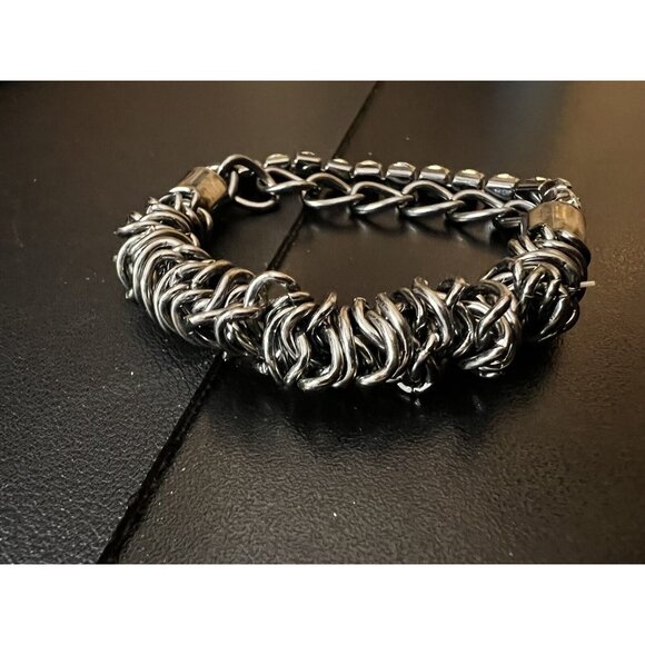 Heavy Silver Metal Rings Chain & Faux Diamond Stretchy Bracelet - Picture 3 of 5